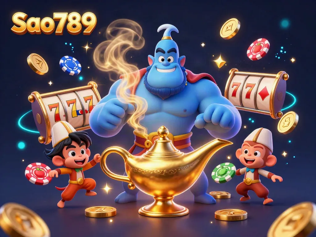 Engage with Sao789's vibrant gaming adventure featuring slots, a genie, and dynamic casino elements.