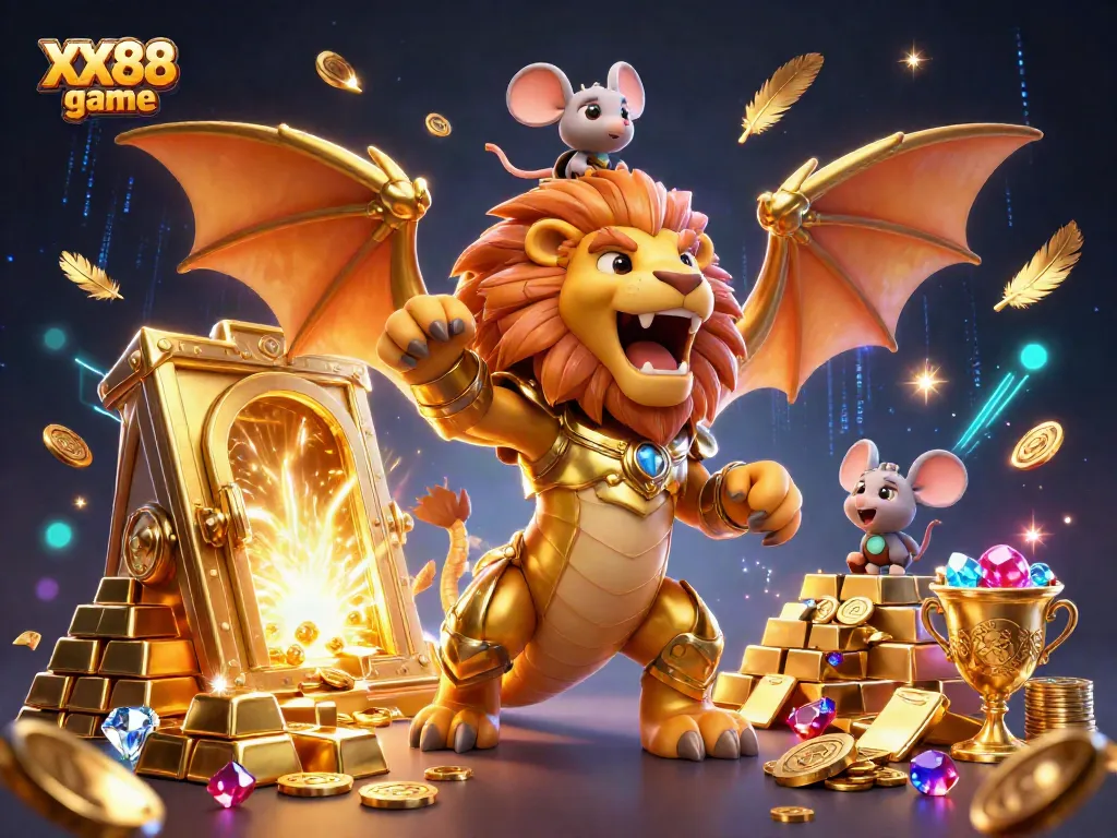Experience the thrilling XX88 game with triumphant golden chimera and treasure in a vibrant casino scene.
