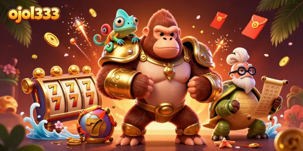 Watch ojol333's ultimate game action with a powerful gorilla king and colorful chameleon companion in a vibrant casino scene.