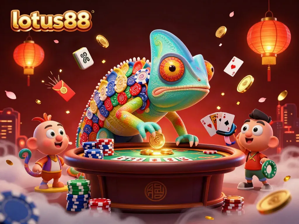 Gambaran menarik pada platform lotto88 dengan pemilik kasino chameleon, tumpukan chip, dan kartu bermain yang mengasyikkan.