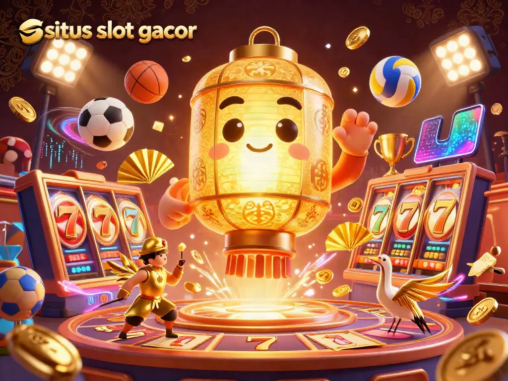 Experience situs slot gacor with an enchanting 3D scene of a golden lantern spirit amidst vibrant casino elements.