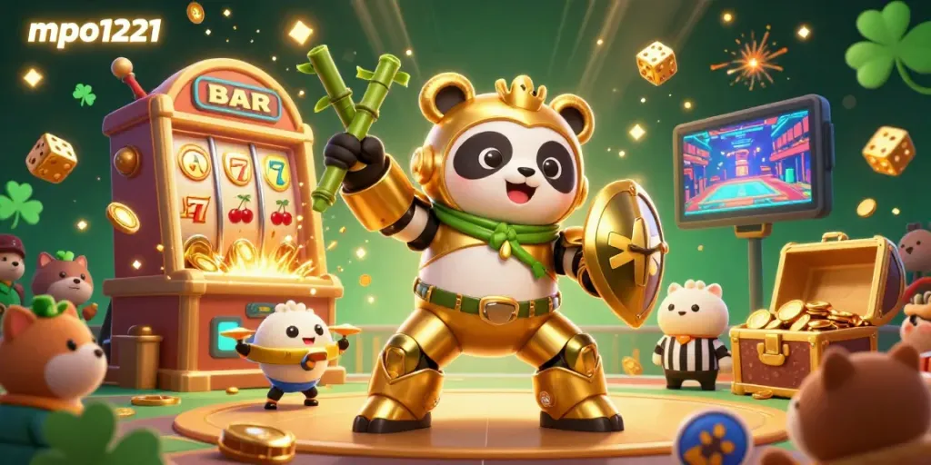 Experience the excitement of mpo1221 in a vibrant 3D illustration with animated slots, golden panda, and casino action.
