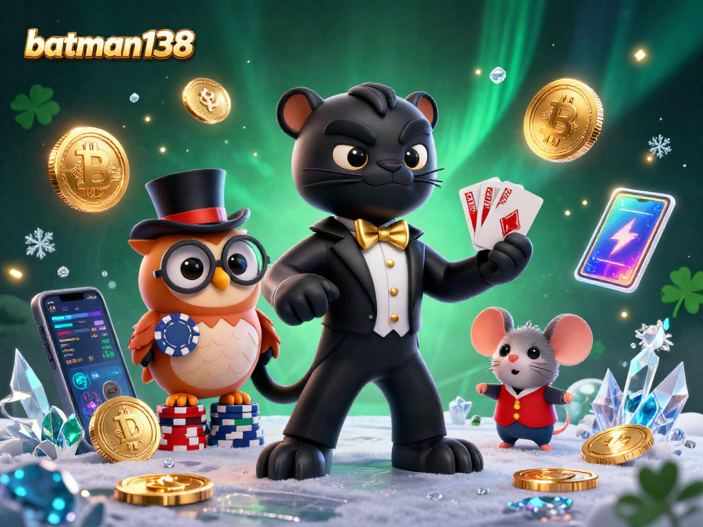 Engage with batman138's vibrant casino scene, featuring a tuxedoed panther, an owl with poker chips, and a lucky mouse.