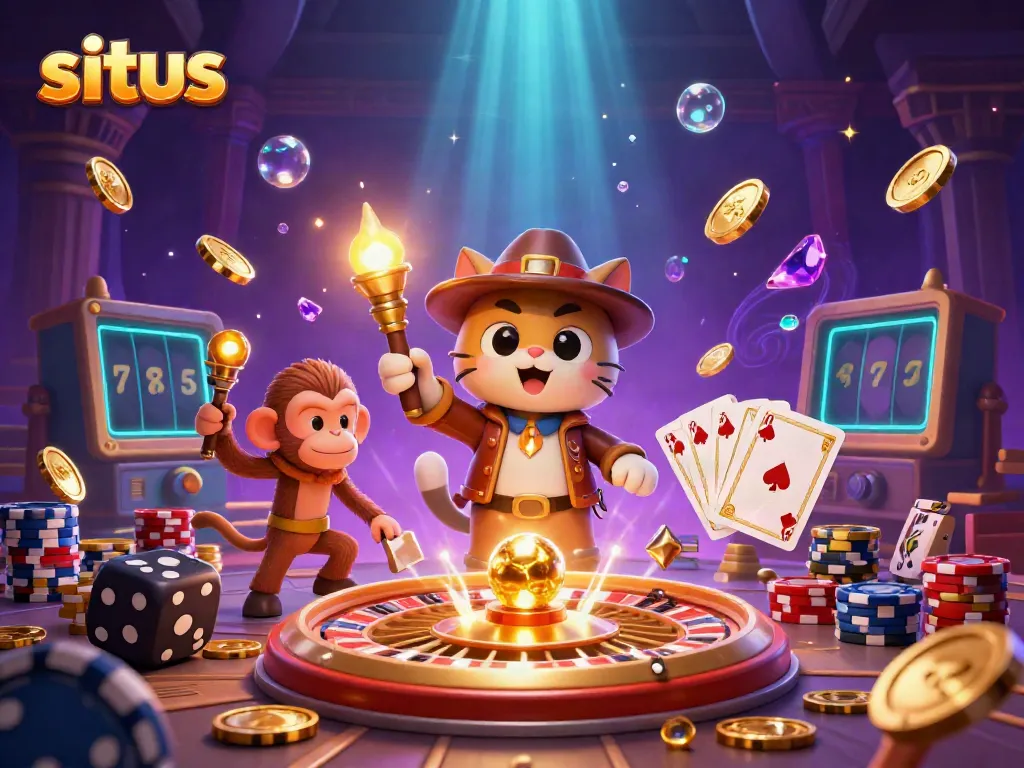 Experience thrilling adventure with the latest situs casino games featuring golden coins, roulette wheels, and 3D characters.