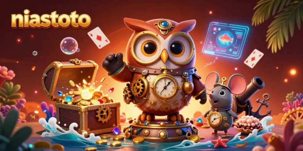 NIASTOTO showcases a steampunk owl exploring vibrant casino elements in a dynamic underwater scene.