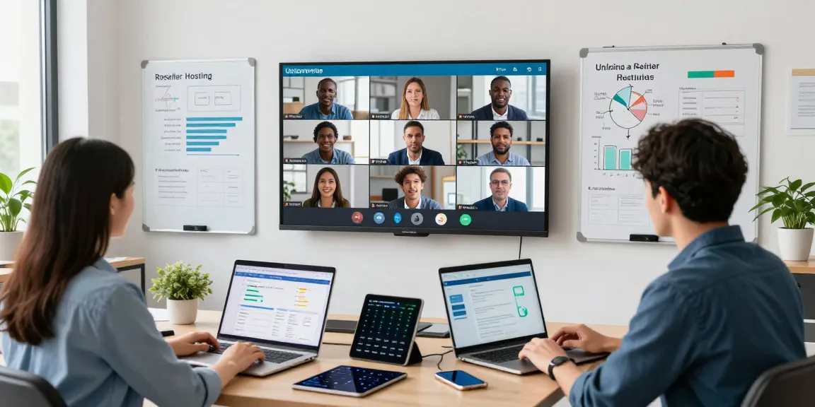 Dynamic team discussing reseller hosting ilimitado strategies in a modern office setting.