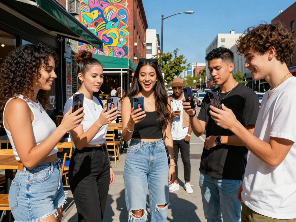Friends comparing look alikes of famous people in a vibrant urban setting.