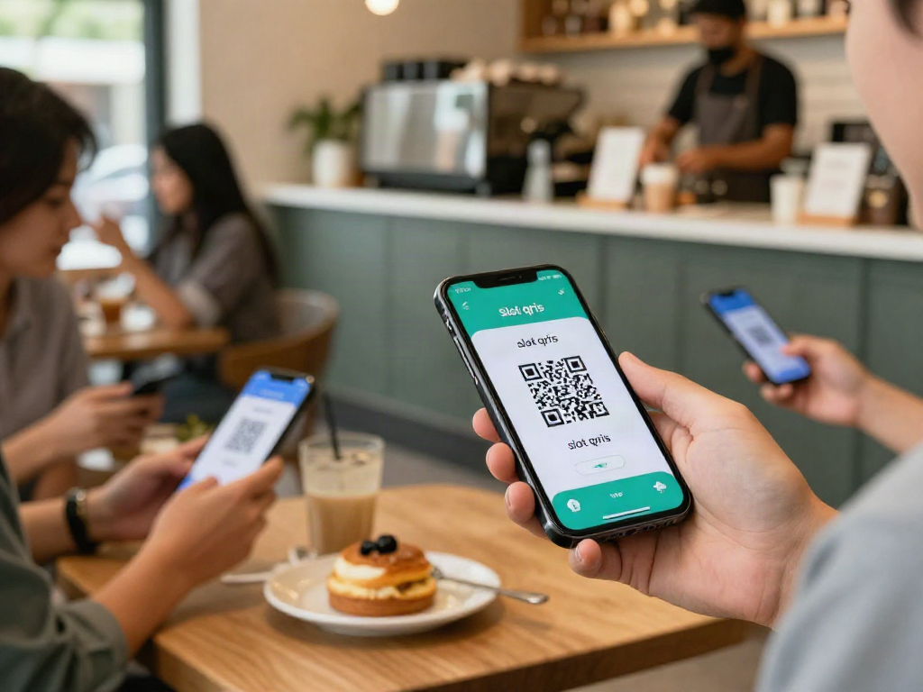 Customer using the slot qris QR code for a mobile payment in a busy café setting.