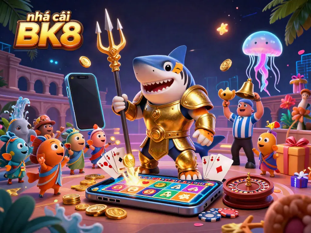 Engaging scene showcasing nhà cái BK8 with a tiger shark in gladiator armor, illustrating vibrant casino excitement.