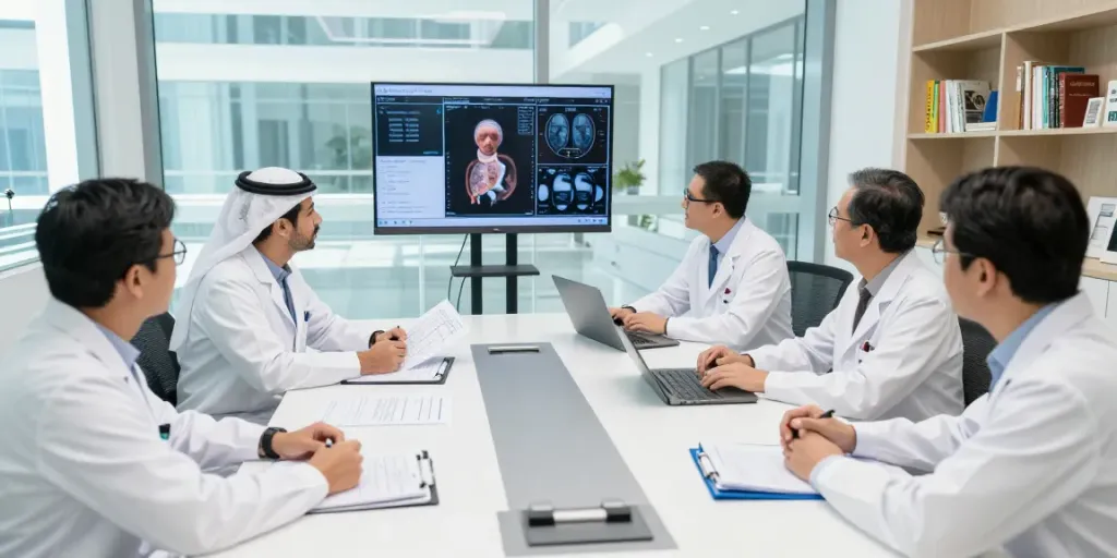 Multidisciplinary team collaborating on gastric cancer treatment Abu Dhabi, focused discussions, modern medical facility, advanced care.