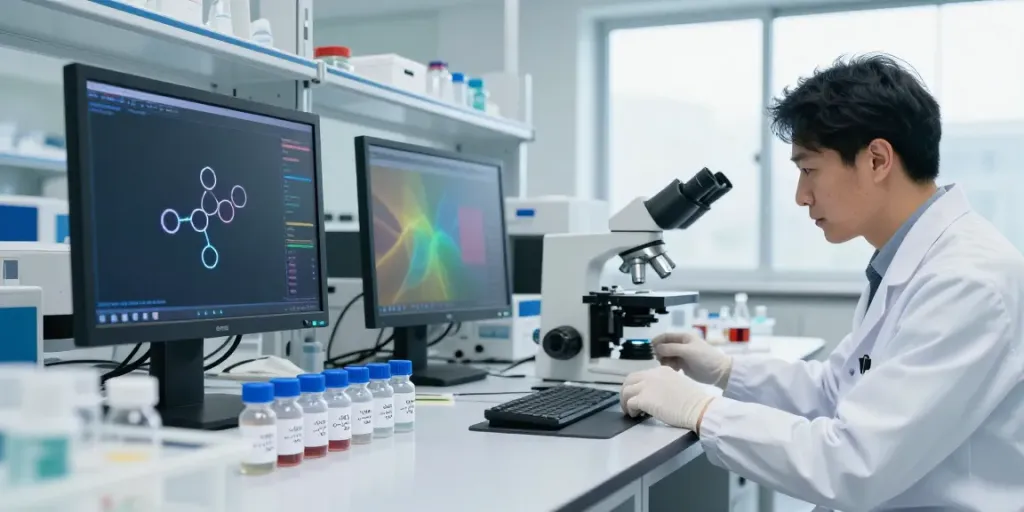 Peptide labs research environment with scientists analyzing high-purity samples and advanced equipment.