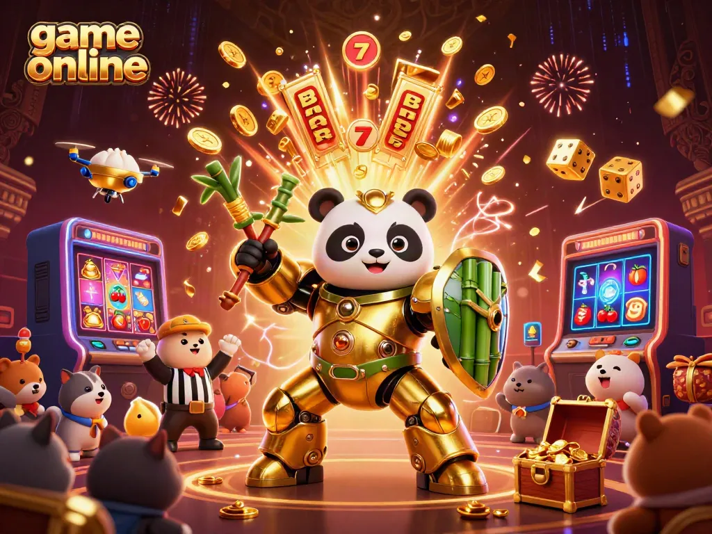 Join the exciting world of game online with a golden panda hero battling amidst vibrant casino elements!