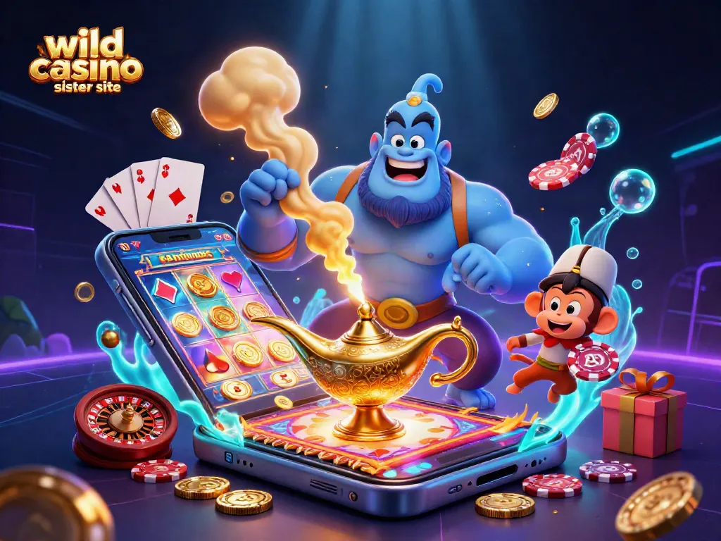 Experience the thrill at wild casino sister site with a vibrant scene of a genie, monkey, and poker chips.