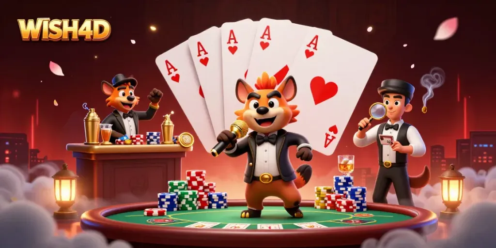 Engage with WISH4D's vibrant online casino experience featuring hyenas in a comedic casino setting.