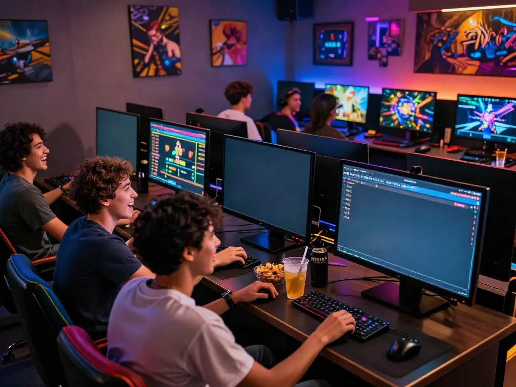 Friends enjoying PG SLOT games in a vibrant gaming lounge