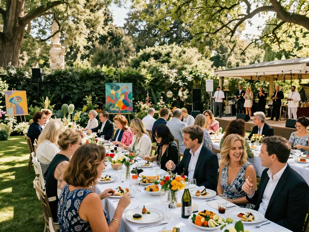 Elegant garden party at Bruce Bailey's Fête Champêtre in Toronto, showcasing gourmet food and art.