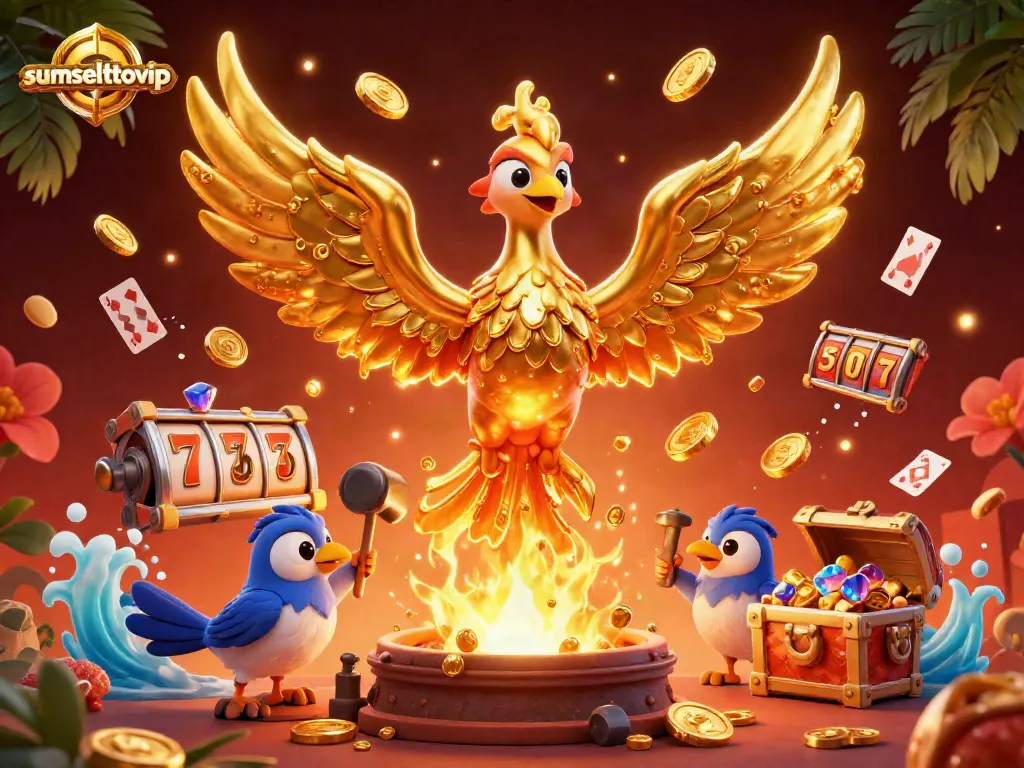 Experience the excitement with sumseltotovip's golden phoenix emerging amidst slot reels and jackpot counters.