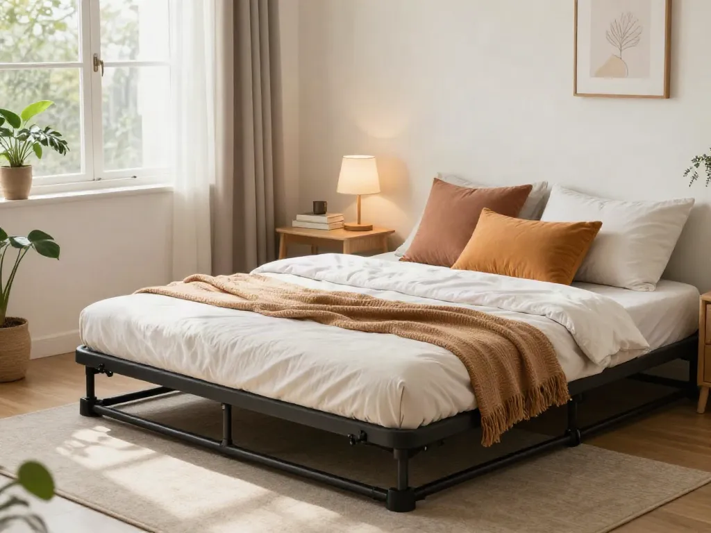 Portable bed with plush linens in a cozy living space