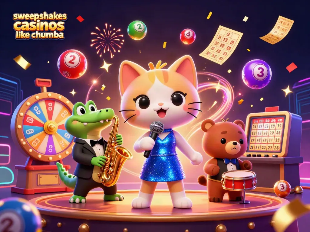 Engage with sweepstakes casinos like chumba featuring colorful lottery elements and vibrant casino characters.