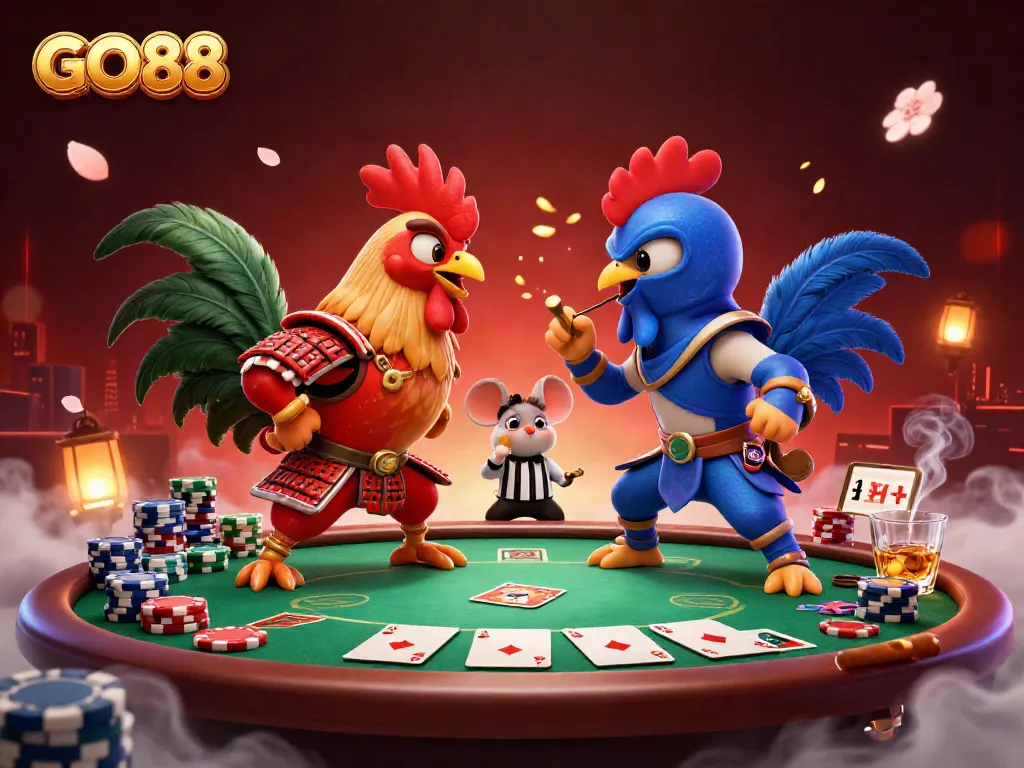 Join the thrilling showdown at GO88 with dramatic feats between colorful cartoon roosters and vibrant poker elements.