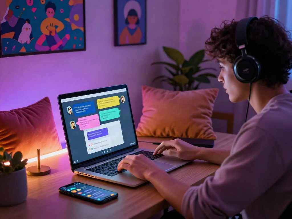 Engaging user interacting with a stylish nsfw chat bot in a cozy virtual workspace