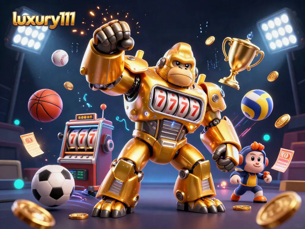 Engage with luxury111's dynamic gaming experience featuring a gorilla mech and sports elements.