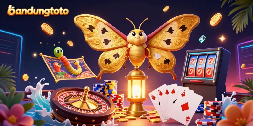Experience thrilling wins with bandungtoto at this vibrant 3D casino illustration showcasing gaming elements.